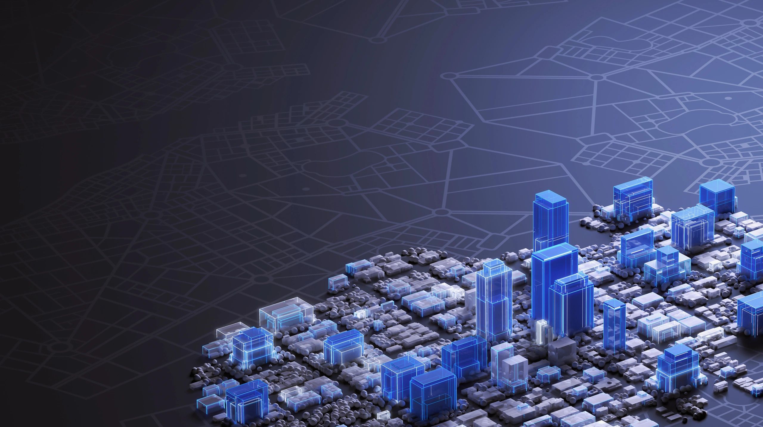 Abstract illuminated city model representing data privacy and connected systems